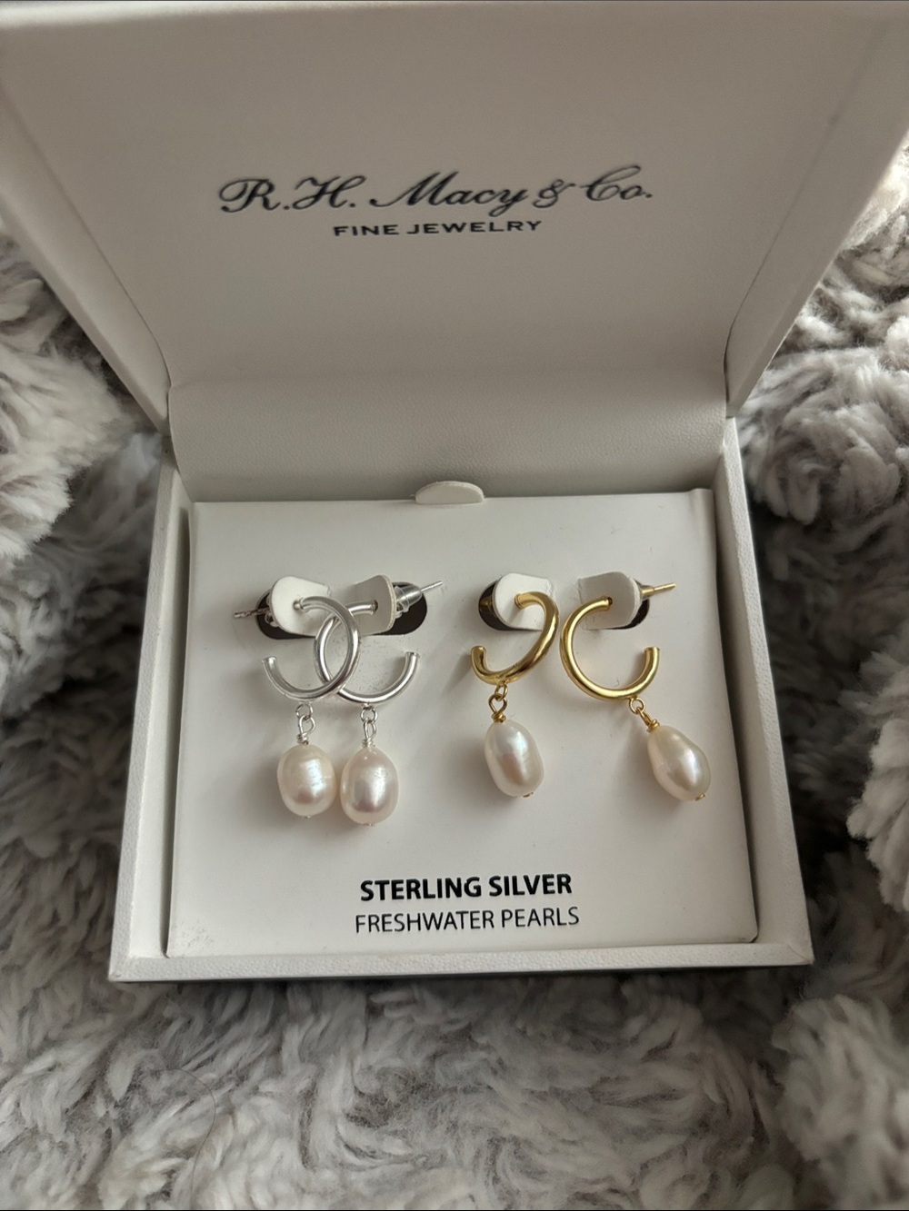 Freshwater Pearl Drop Hoop Earrings - Silver & Gold